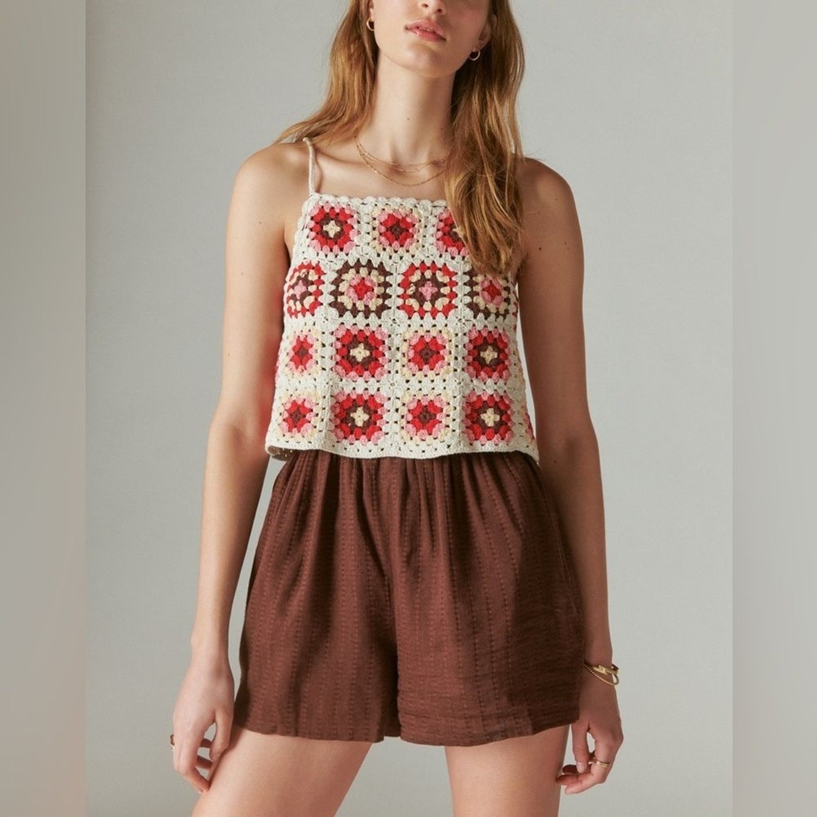 Lucky Brand Crochet Romper Pink Granny Square Boho Coachella Festival Size M Nwt